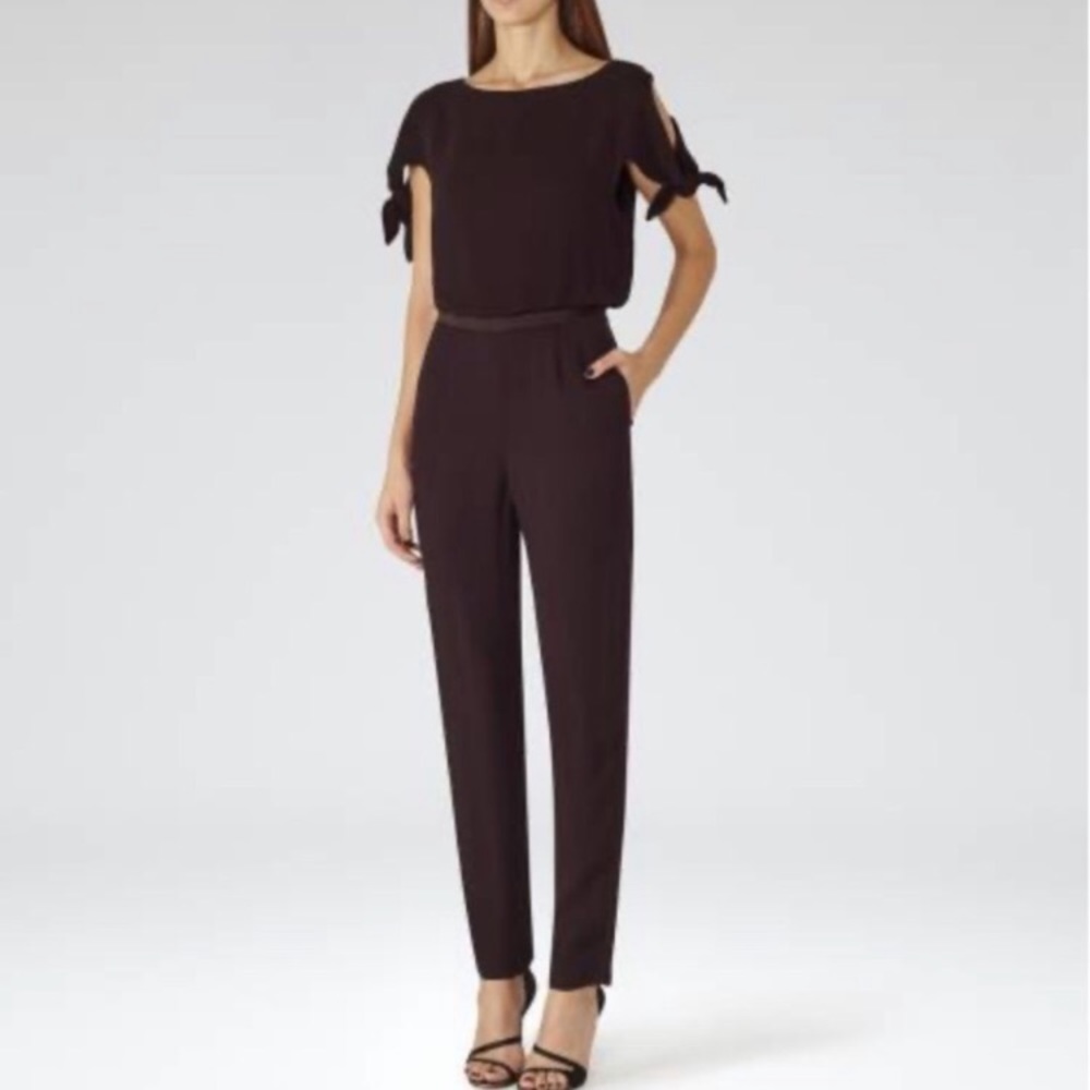 Reiss Turner Rare Tuxedo Tie Sleeve Crepe Jumpsuit in Deep Bordeaux size 4